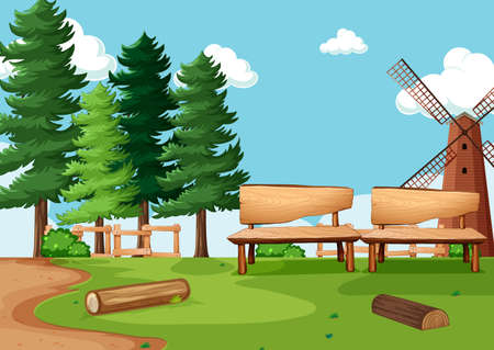 Nature park or farm scene with windmill illustrationのイラスト素材