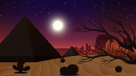 Wild desert landscape at night scene illustrationのイラスト素材