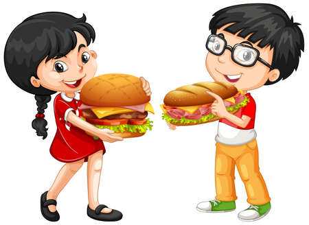 Cute children holding sandwich illustrationのイラスト素材