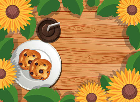 Top view of wooden table with dessert and iced coffee and leaves and sunflower element illustrationのイラスト素材