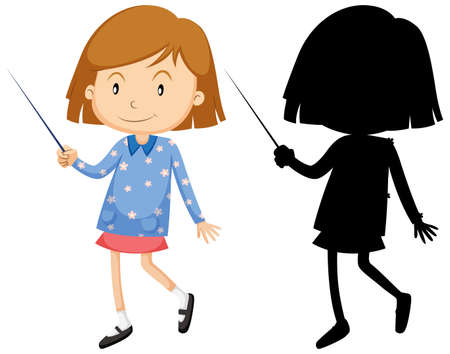 Cute girl in colour and silhouette illustrationのイラスト素材