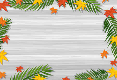 Top view of blank wooden table with leaves in different season elements illustrationのイラスト素材
