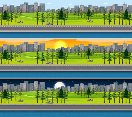 Nature landscape scene at different times of day illustrationのイラスト素材