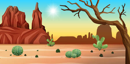 Desert with rock mountains and cactus landscape at day scene illustrationのイラスト素材