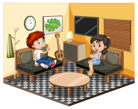 Kids in the living room in yellow theme scene on white background illustrationのイラスト素材