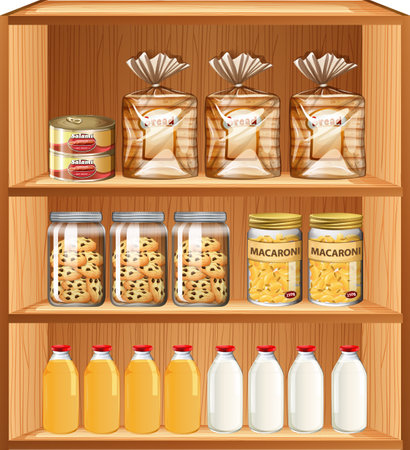 Baked goods and processed food in three shelves illustrationのイラスト素材