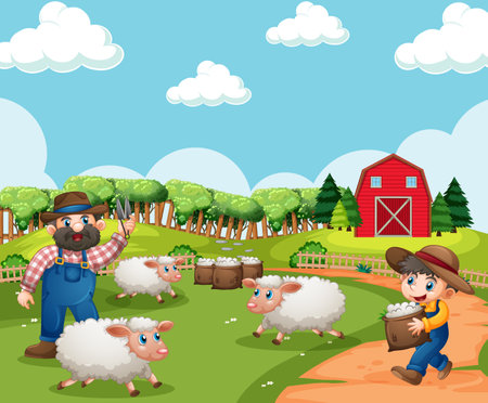 Farm with red barn and windmill scene illustrationのイラスト素材