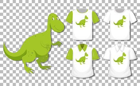 Dinosaur cartoon character with set of different shirts isolated on transparent background illustrationのイラスト素材