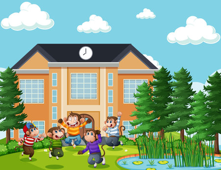 Five little monkeys jumping in the park scene illustrationのイラスト素材