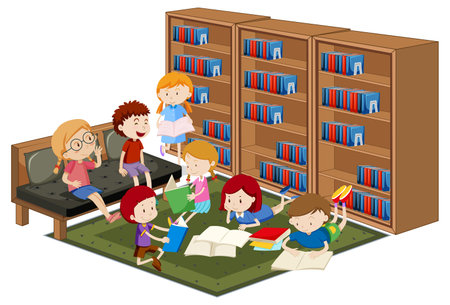 Children reading booking in library isolated on white background illustrationのイラスト素材