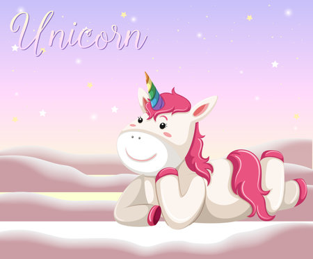 Happy unicorn laying cartoon character on pink pastel background illustrationのイラスト素材