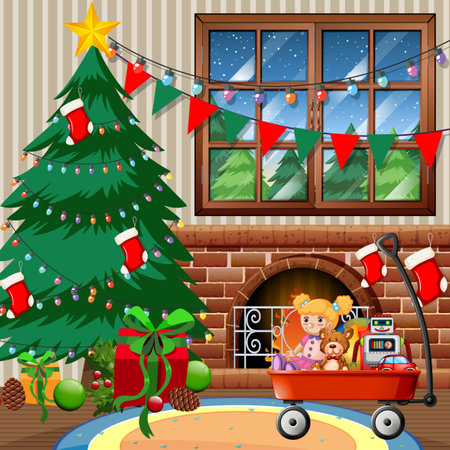 Christmas tree in the house merry christmas scene illustrationのイラスト素材