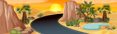 Desert oasis with palms nature landscape scene illustrationのイラスト素材