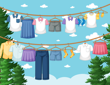 Clothes drying and hanging outdoor background illustrationのイラスト素材