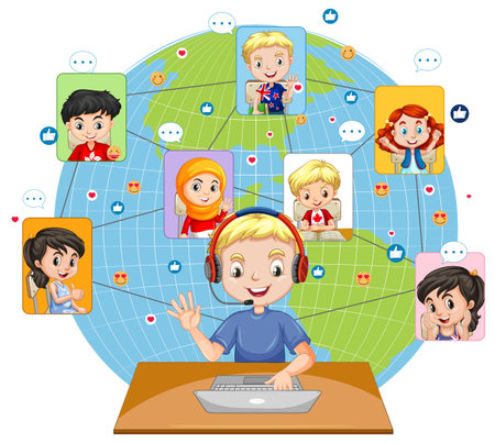 Front view of a boy using laptop for communicate video conference with friends on white background illustrationのイラスト素材