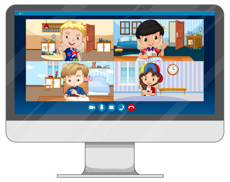 Student video chat online screen on computer screen on white background illustrationのイラスト素材
