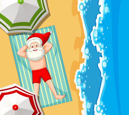 Santa Claus taking sun bath on the beach illustrationのイラスト素材