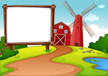 Blank banner in farm with red barn and windmill scene illustrationのイラスト素材