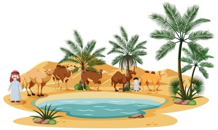Oasis in desert with camel and nature elements on white background illustrationのイラスト素材