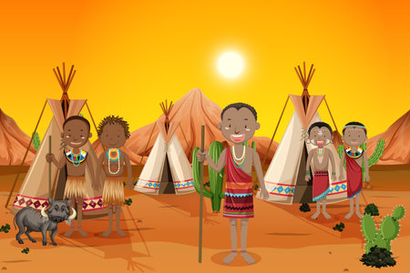 Ethnic people of African tribes in traditional clothing in nature background illustrationのイラスト素材