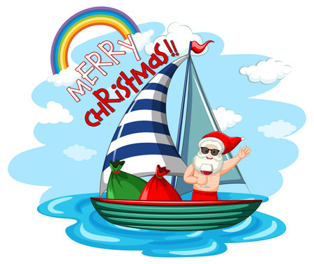 Santa Claus holding wine glass cartoon character standing on the boat with gift bag illustrationのイラスト素材