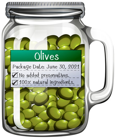 Green olives preserve in glass jar illustrationのイラスト素材
