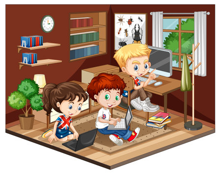 Kids in the living room scene on white background illustrationのイラスト素材