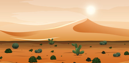 Desert with sand mountains and cactus landscape at day time scene illustrationのイラスト素材
