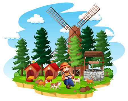 Farm with red barn and windmill on white background illustrationのイラスト素材