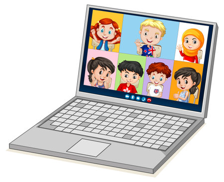 Student video chat online screen on laptop on white background illustrationのイラスト素材