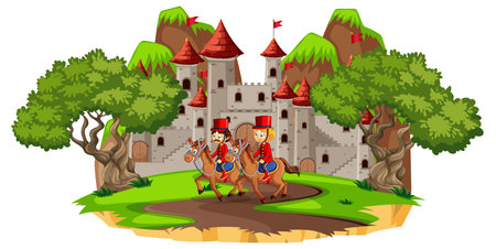 Fairytale scene with castle and soldier royal guard on white background illustrationのイラスト素材