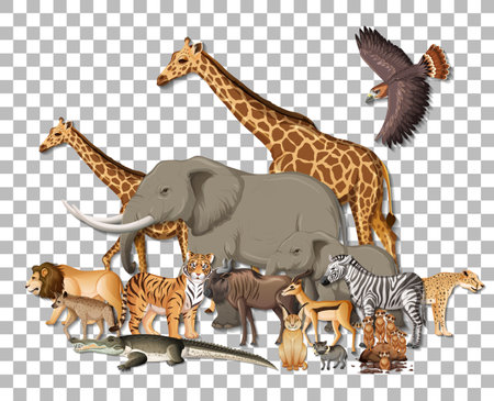 Group of wild african animals on transparent background illustrationのイラスト素材