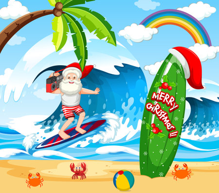 Santa Claus surfing at the beach for Summer Christmas illustrationのイラスト素材