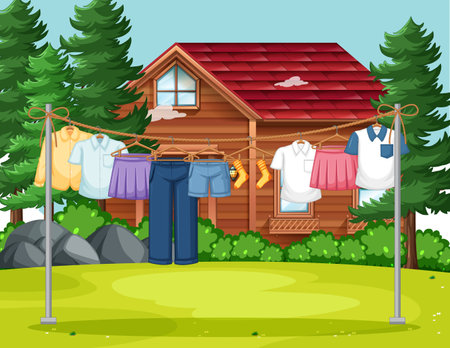 Clothes drying and hanging outdoor background illustrationのイラスト素材