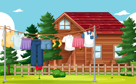 Clothes drying and hanging outdoor background illustrationのイラスト素材