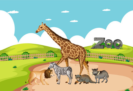 Group of wild african animal in the zoo scene illustrationのイラスト素材