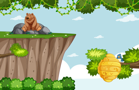 Game template with grizzly bear and bee hive on forest background illustrationのイラスト素材