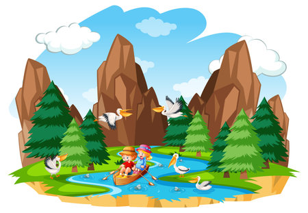 Children row the boat in the forest scene on white background illustrationのイラスト素材