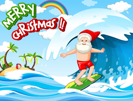 Santa Claus surfing at the beach for summer christmas illustrationのイラスト素材