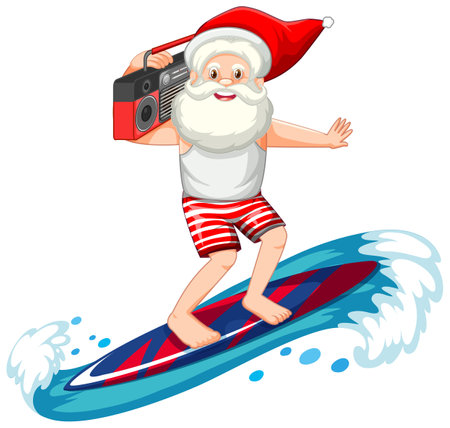 Santa Claus surfing in summer theme on white background illustrationのイラスト素材