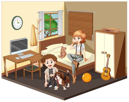 Teenager in the bedroom scene on white background illustrationのイラスト素材