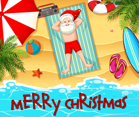 Santa Claus taking sun bath at the beach with summer element and merry christmas font illustrationのイラスト素材