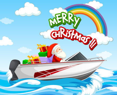 Santa Claus driving speed boat in the sea scene with Merry Christmas font illustrationのイラスト素材