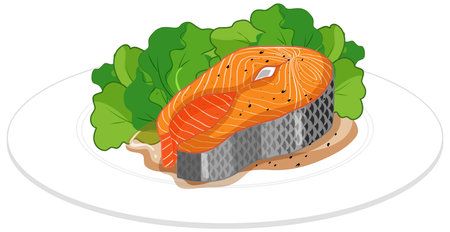 Salmon Steak on a plate isolated on white background illustrationのイラスト素材