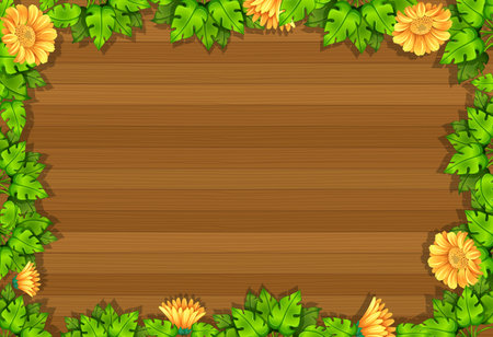 Top view of blank wooden table with leaves and yellow flower elements illustrationのイラスト素材