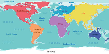 World map with continents names and oceans illustrationのイラスト素材