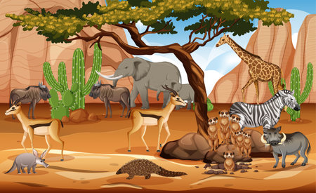 Group of Wild African Animal in the forest scene illustrationのイラスト素材