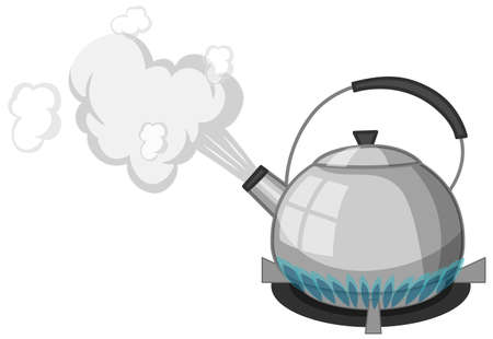 Stainless steel kettle with boiling water on stove cartoon style isolated on white background illustrationのイラスト素材