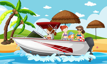 Beach scene with people on a speed boat illustrationのイラスト素材