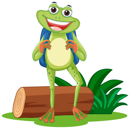 Funny frog cartoon character with nature element on white background illustrationのイラスト素材